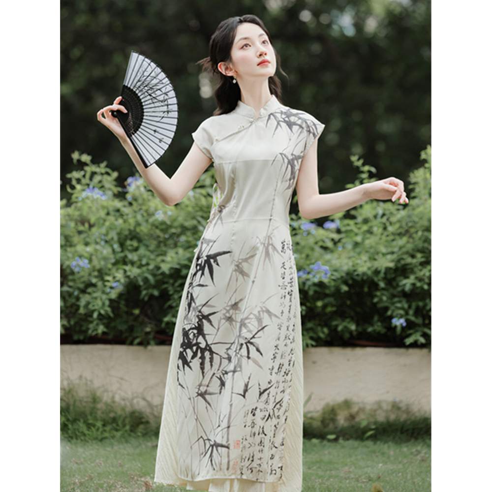 新中式国风禅意竹子水墨画连衣裙高级感盘扣斜襟少女改良旗袍1122