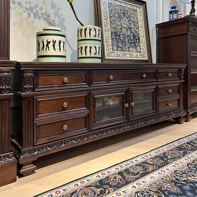 纯实木大美式电视柜组合别墅客厅高端法式复古典欧式雕花影视地柜