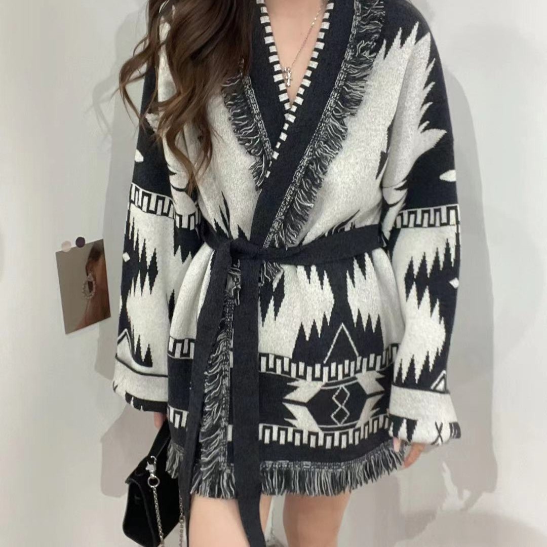 【杰娜洋羊绒】220863重工慵懒风提花流苏羊绒开衫