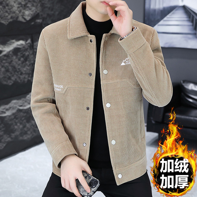 秋冬季灯芯绒外套男士潮流时尚加绒短款翻领夹克休闲帅气刺绣上衣