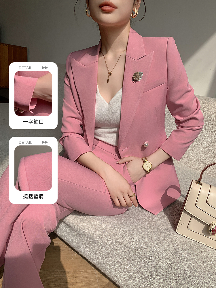 9591粉色小西装外套女春秋新款高级感炸气质职业西服套装