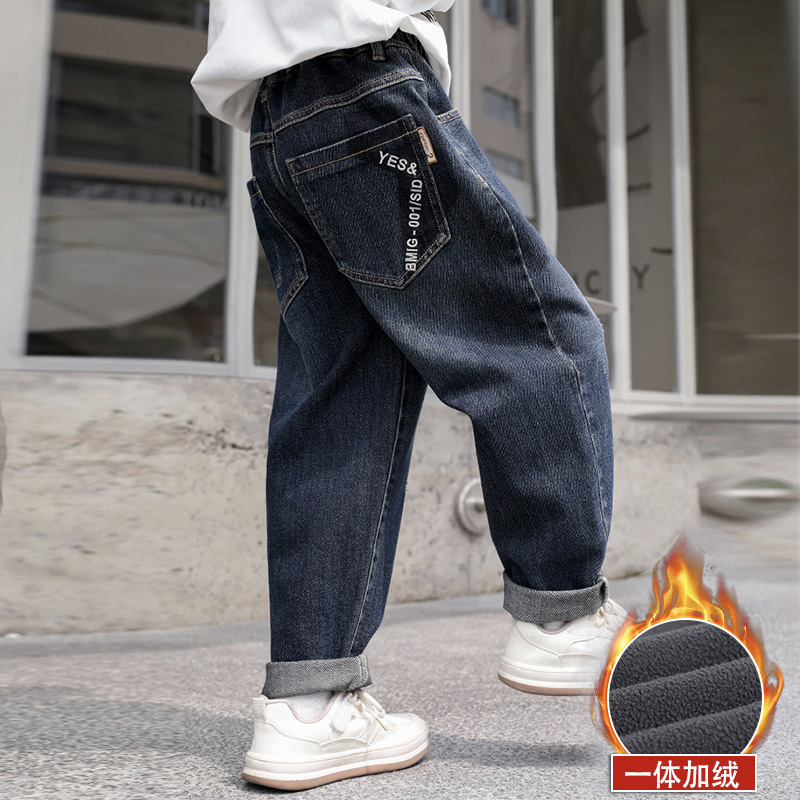 儿童装男童冬装加绒裤子2023新款大童秋冬款男孩一体绒冬季牛仔裤