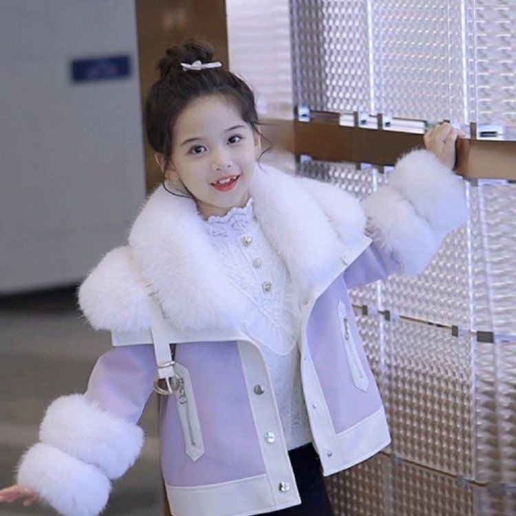 巴拉拉吧草外套2023秋冬季装公主儿童款毛毛加绒加厚机车皮衣夹克