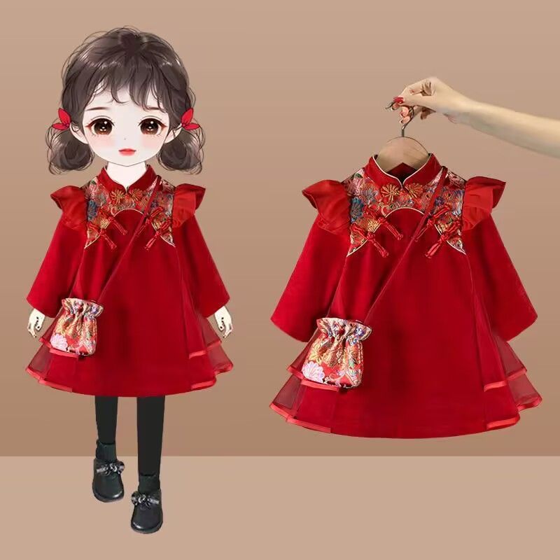 巴拉拉吧,女童旗袍连衣裙秋冬2023新款洋气中国风抓周宴裙子女宝