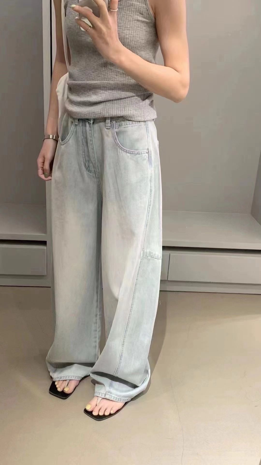 时尚直筒高腰大衣牛仔裤