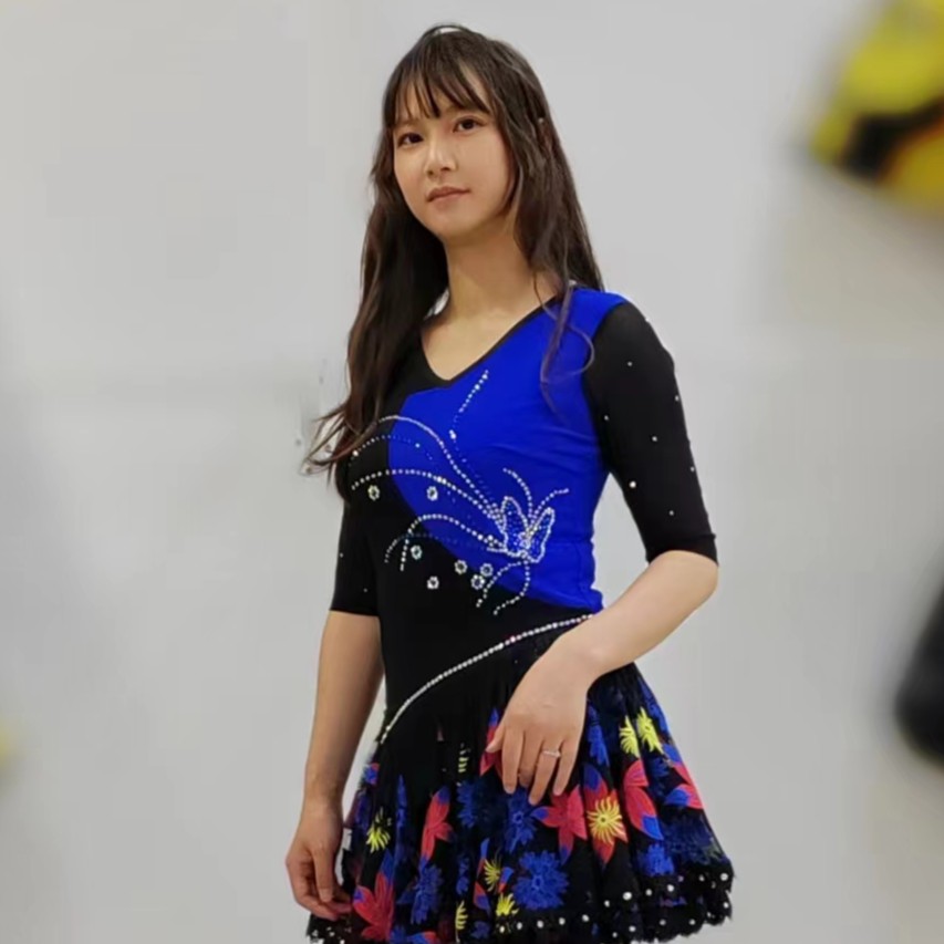 30#WXF黑色舞蹈服【夏季上衣】拼接镶钻流苏超美蓝色春夏印花女士