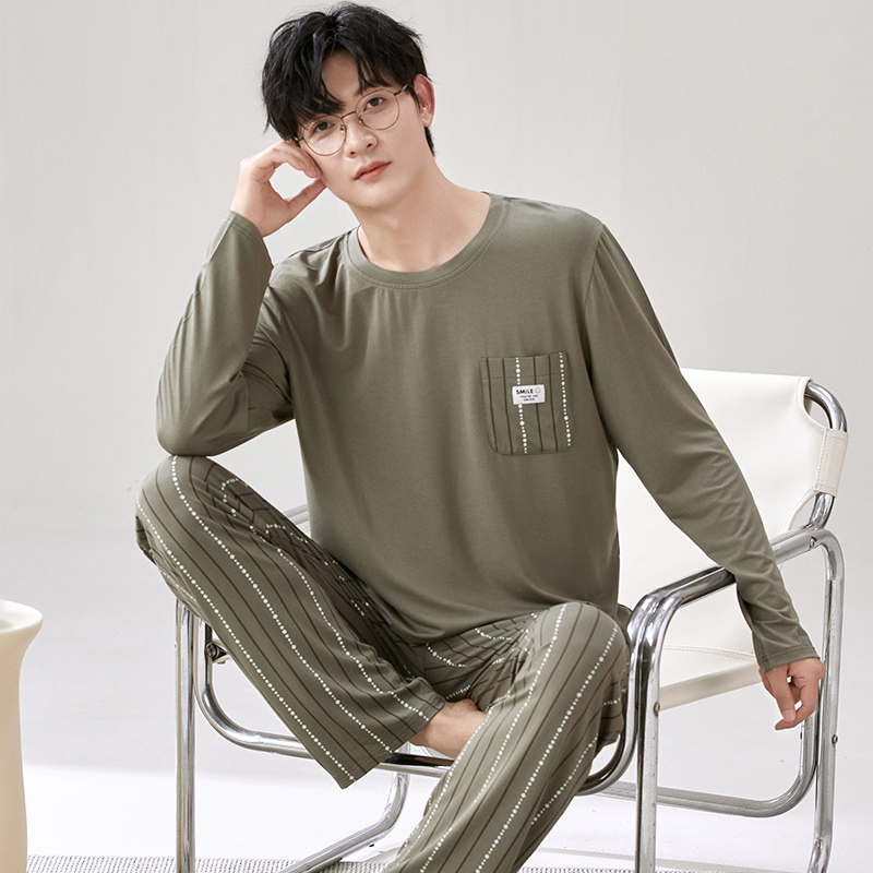 新款秋冬莫代尔男士睡衣休闲大码圆领四季可穿青年薄款家居服套装