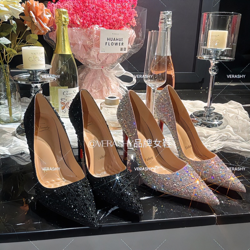 浅口高跟鞋满钻黑色高级细跟尖头时尚气质百搭性感粉色宴会细高跟