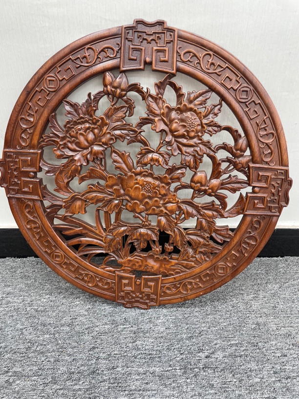 东阳木雕 直径58cm 花开富贵 香樟木实木雕刻挂件