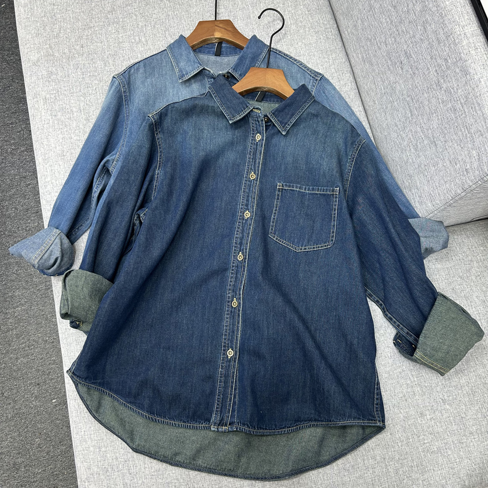 全棉砂洗牛仔衬衫女长袖 复古简约休闲衬衣百搭衬衫女春秋