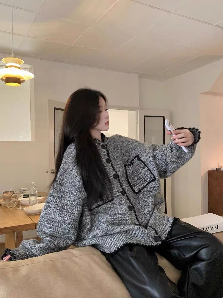 宽松百搭灰色长袖针织毛衣2023年秋季新款慵懒风开衫外套爆款女装