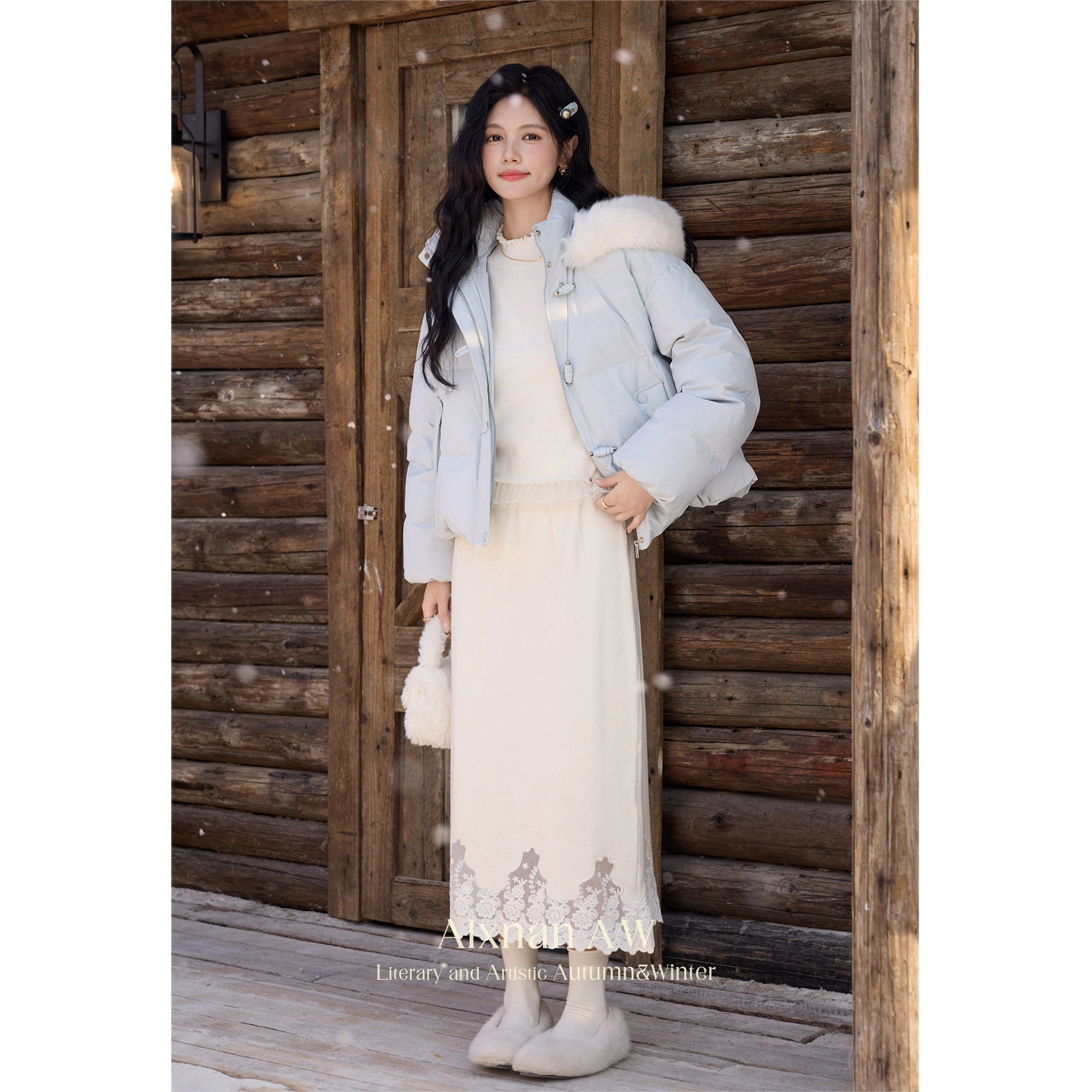 鹿向南「雪中春信」百搭高腰显瘦半身裙女保暖长裙L52368