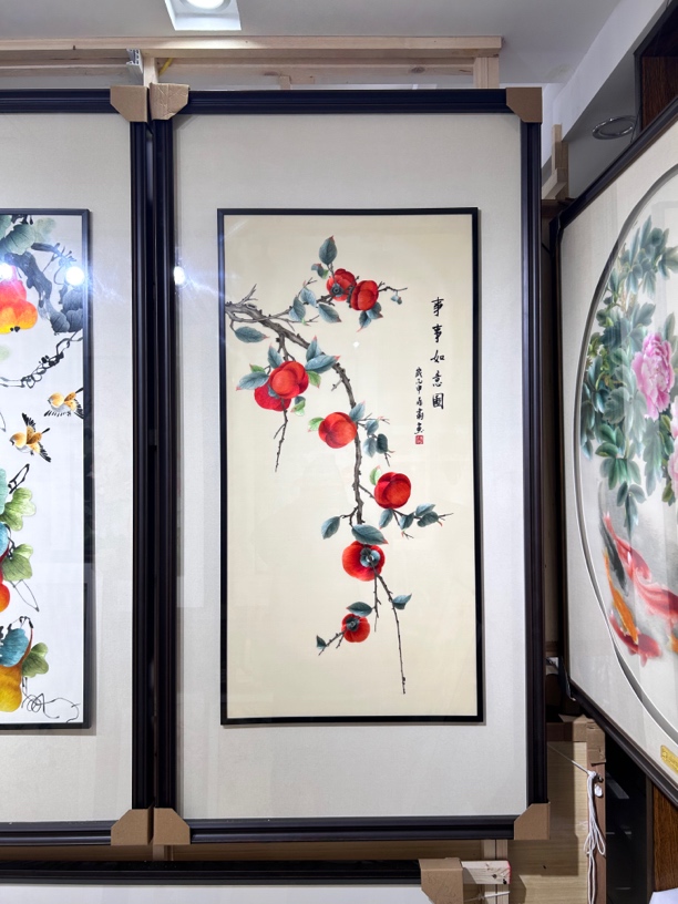 纯手工苏绣事事如意竖版玄关成品绣画，画芯50/100，外框75/145