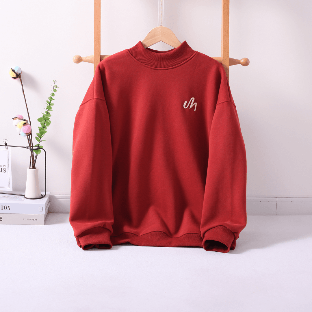  32135 软糯慵懒风！女式秋冬韩版时尚刺绣休闲加绒半高领卫衣 