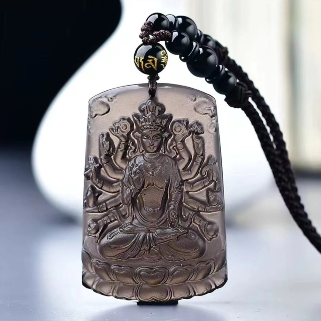 天然老坑冰种黑曜石千手观音吊坠生肖鼠本命佛男女款