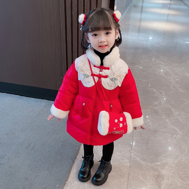 【优选】女童毛毛领绣花流苏棉衣中国风拜年服加厚加绒款棉服-jp
