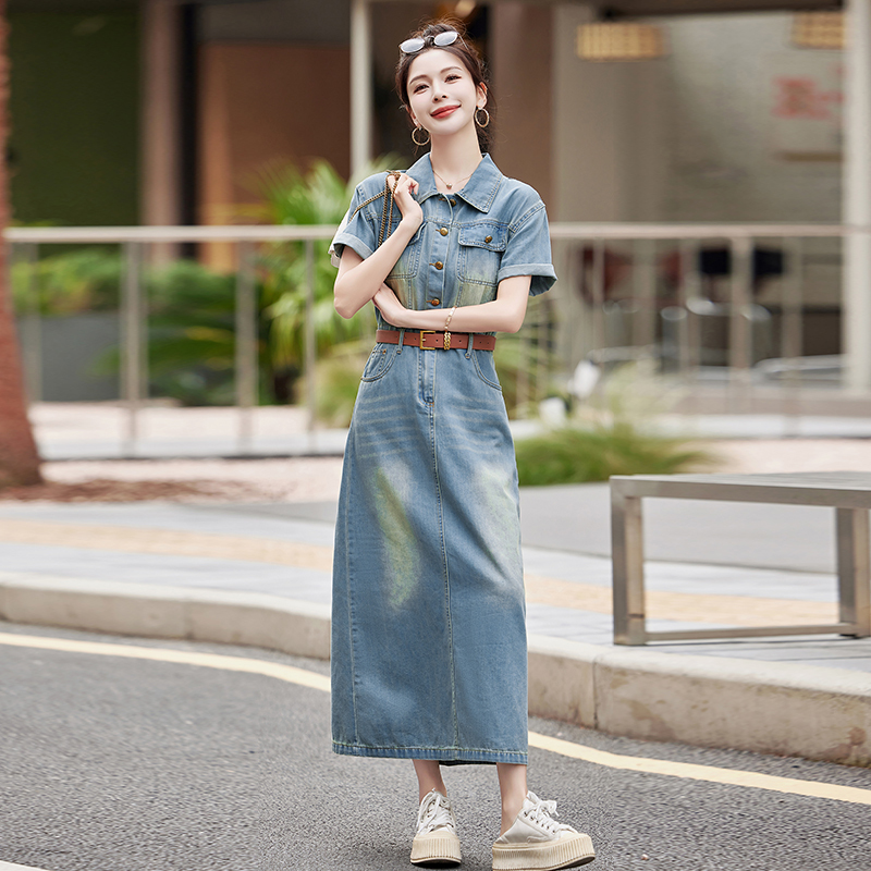 港风时尚翻领短袖牛仔连衣裙女夏新款气质收腰开叉休闲包臀长裙子