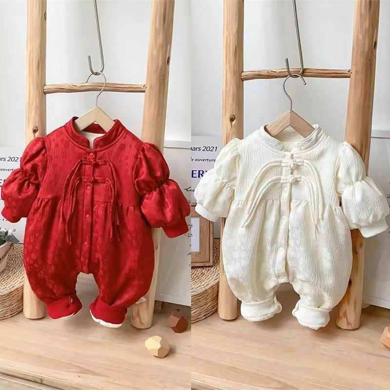 婴儿冬装薄棉连体衣服女宝宝加绒公主中国风洋气秋冬季套装外出服