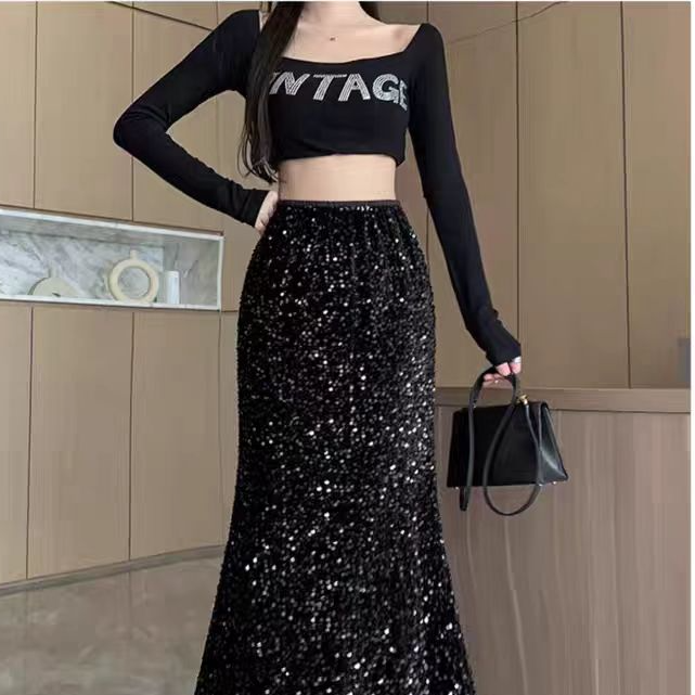 秋季中长款亮片丝绒高腰松紧鱼尾名媛半裙气质时尚黑色显瘦半身裙