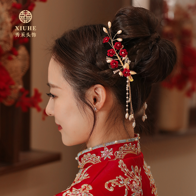 中国风头花结婚敬酒服弹簧夹汉服中式发夹头饰旗袍后脑勺侧边夹子