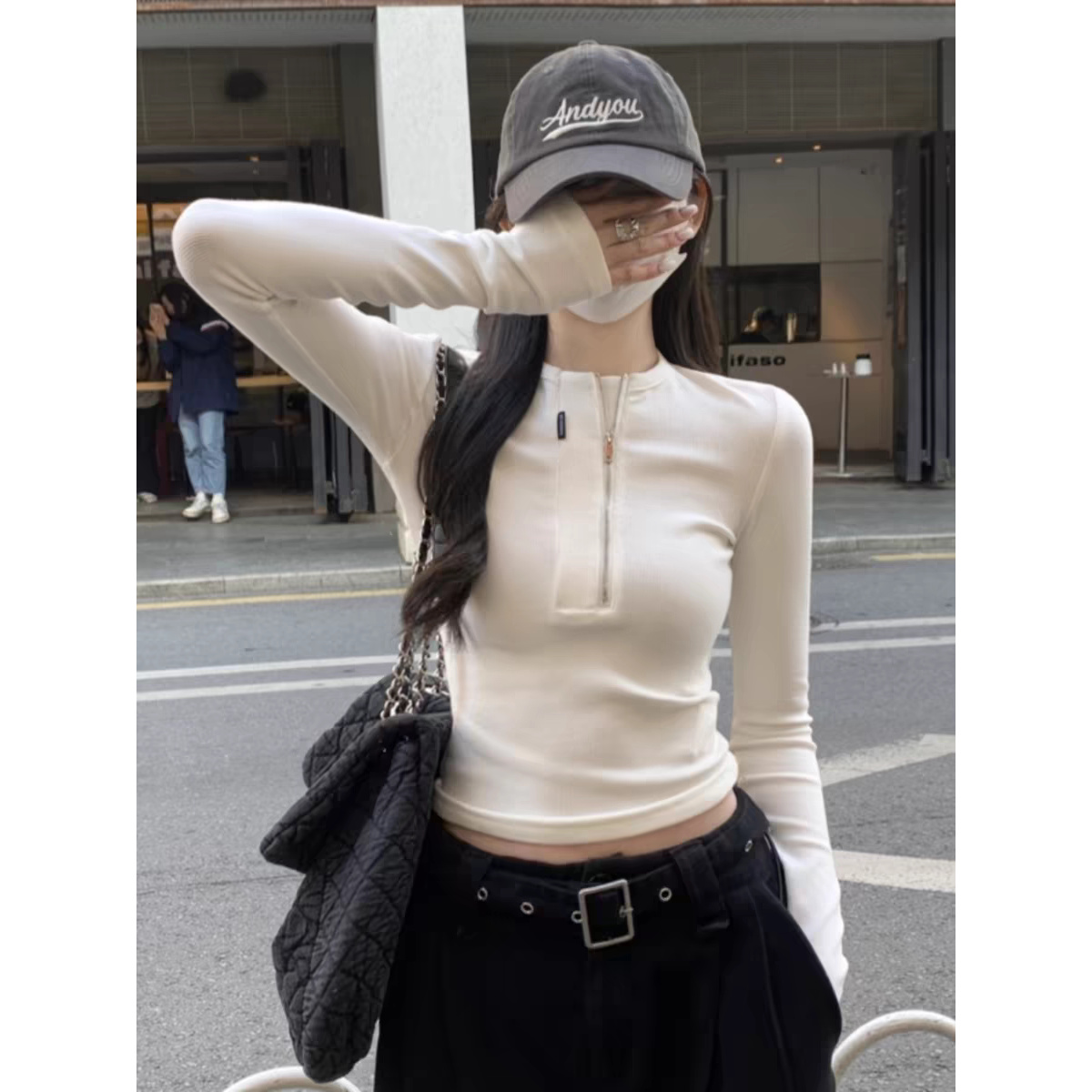 设计感半拉链正肩长袖t恤女春秋辣妹紧身内搭打底衫高腰短款上衣