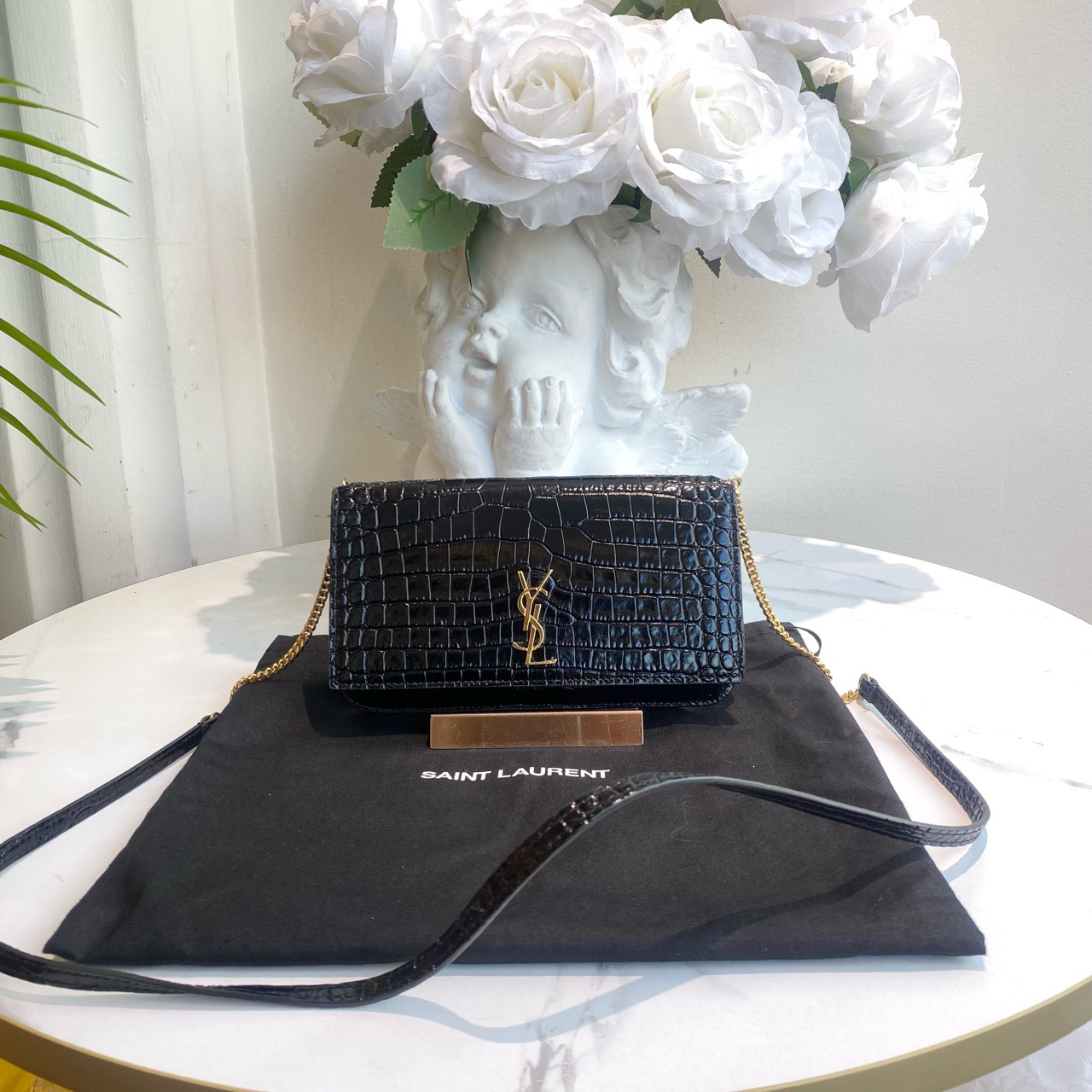 95新 YSL/圣罗兰 御古屋/18676/黑色压鳄纹woc斜挎包