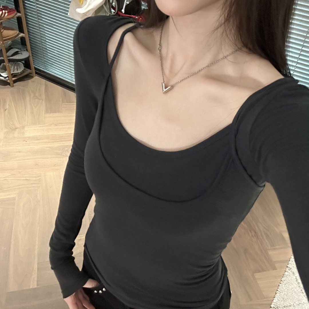 谷烧饭时尚百搭吊带T恤两件套2024早春打底纯色修身显瘦上衣