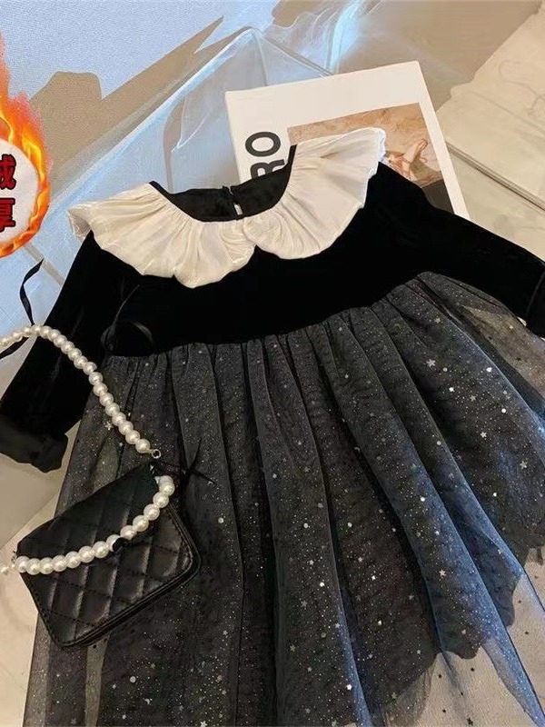 【清仓】韩国童装女童春秋洋气女孩丝绒网纱礼服公主裙儿童时髦高