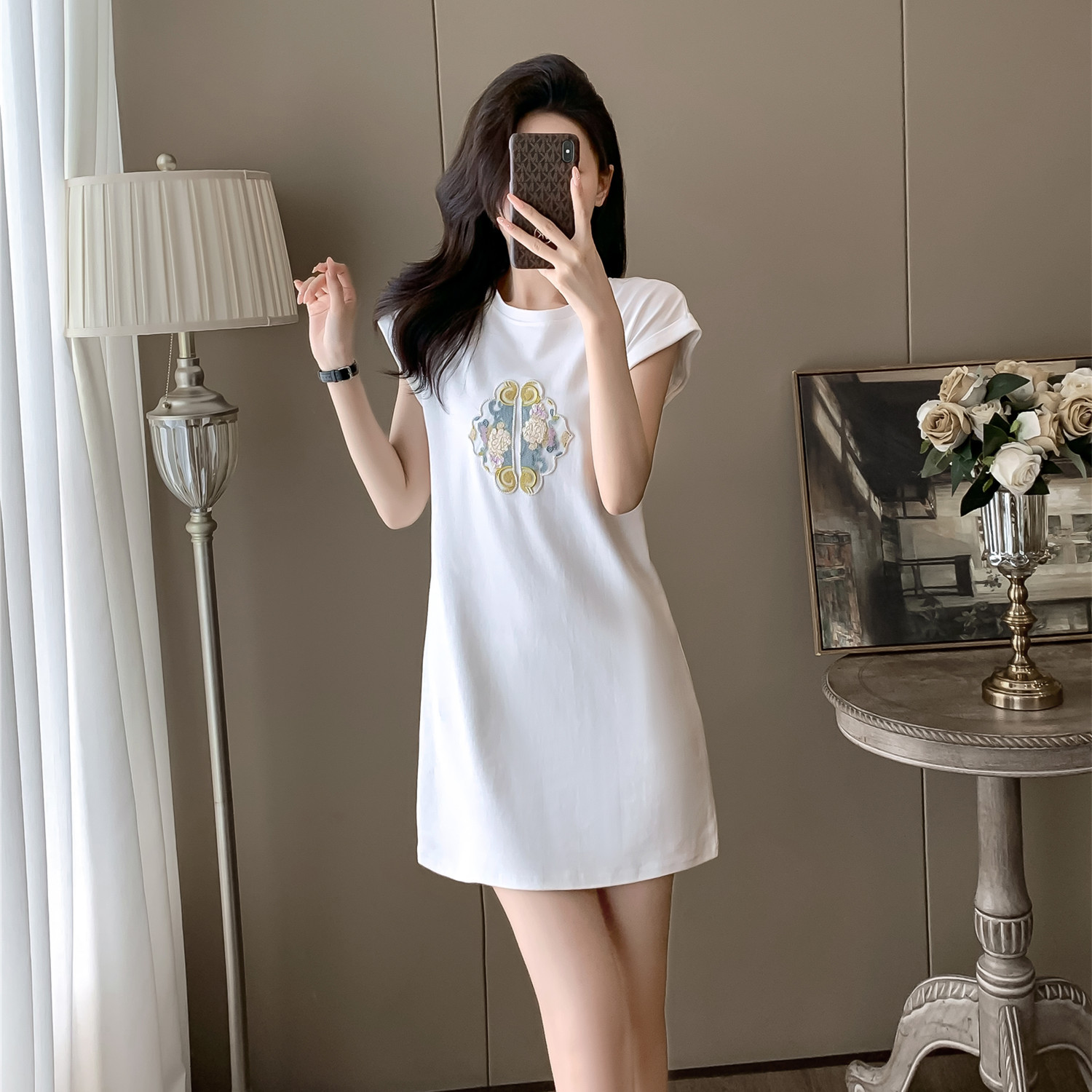 夏季新款短袖t恤裙女新中式刺绣宽松显瘦大码裙子简约时尚连衣裙