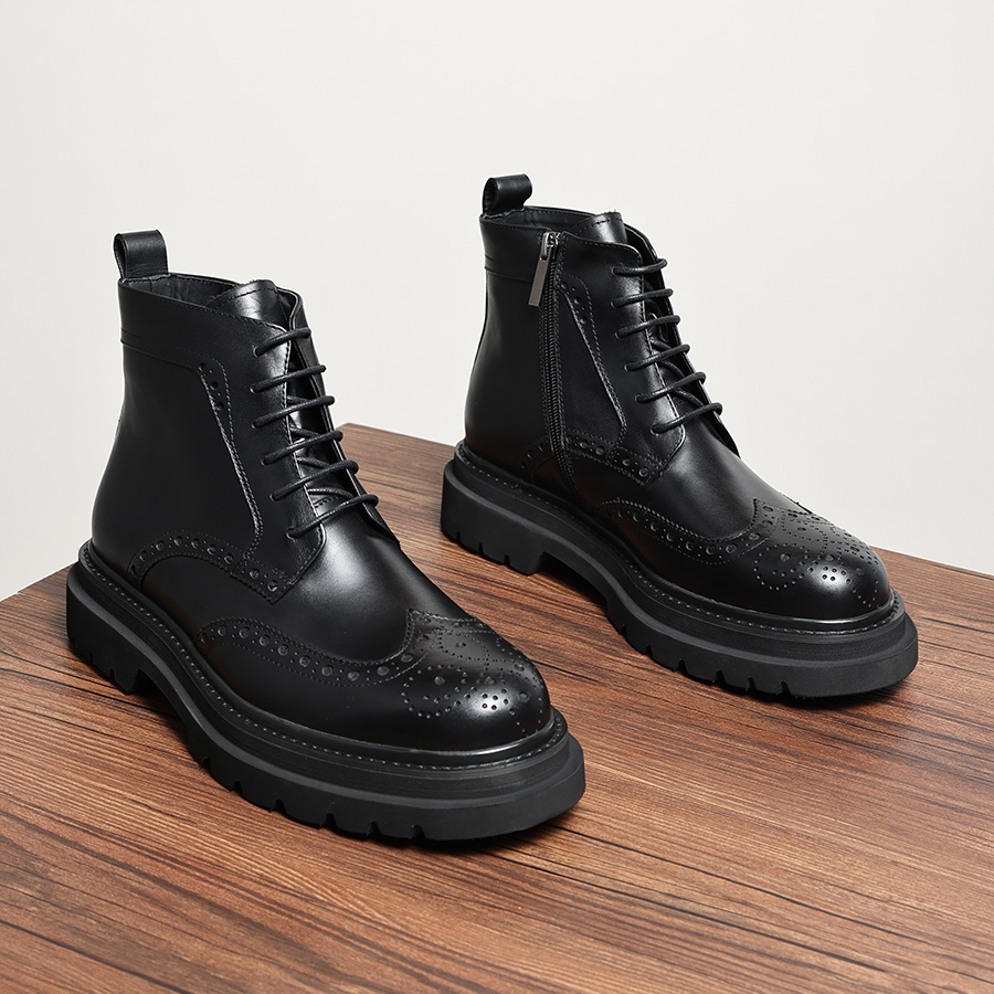 时尚潮流秋冬英伦复古男款加绒高帮皮靴布洛克雕花真皮厚底马丁靴