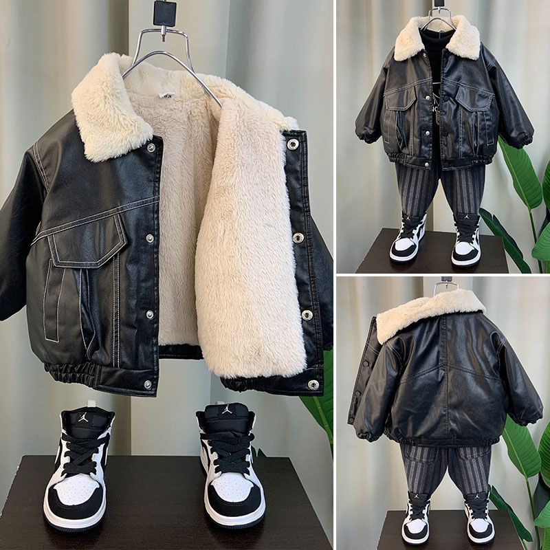 童装男童酷帅皮衣外套24新款洋气宝宝春秋冬装儿童韩范加绒厚夹克