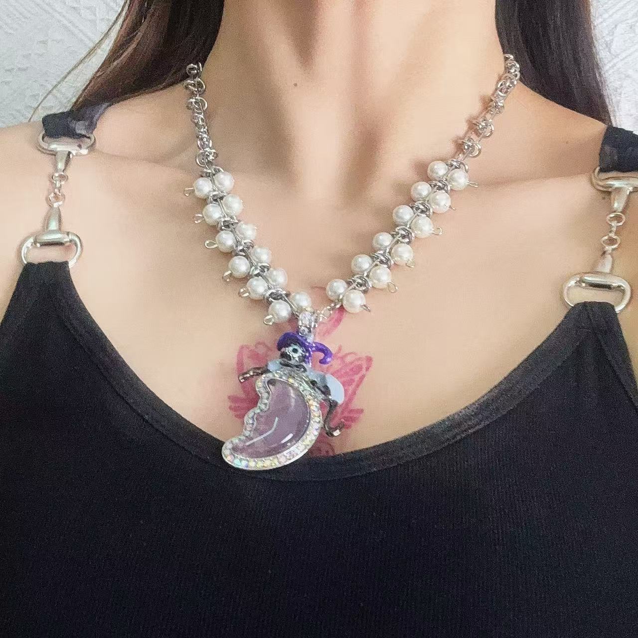 非金属仿珍珠项链 1633珍珠双层叠戴月牙项链多链女毛衣链高级感