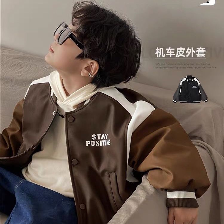 2023秋冬新款儿童痞帅皮衣夹克冬装上衣童装男童棒球服夹棉厚外套