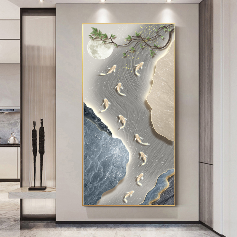 走廊装饰画荷塘月色九鱼送福图晶瓷挂画现代挂画X435-3正对门
