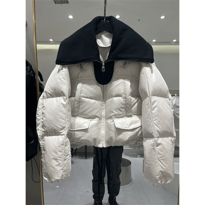 波司澄欧货冬季新品短款小个子羽绒棉服女网红针织拼接大翻领外套