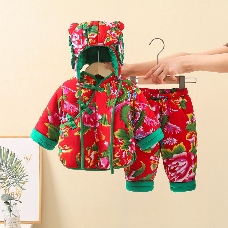 男童大花布套装宝宝冬季棉服女童拜年衣服儿童小花袄棉袄棉裤