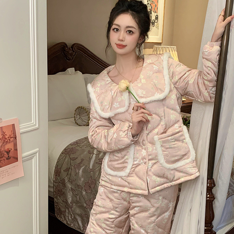 宫廷风长袖睡衣女冬季甜美印花三层夹棉加绒加厚家居服套装可外穿