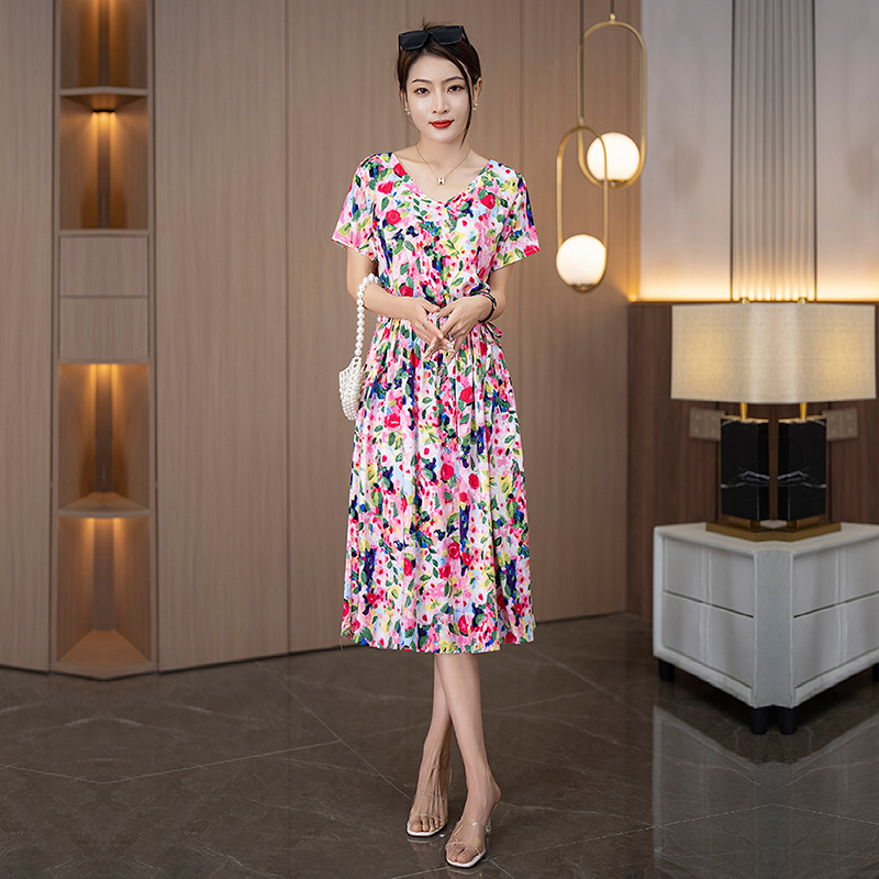 夏季超显瘦连衣裙碎花气质时尚长裙收腰v领棉绸裙推荐小众高级感