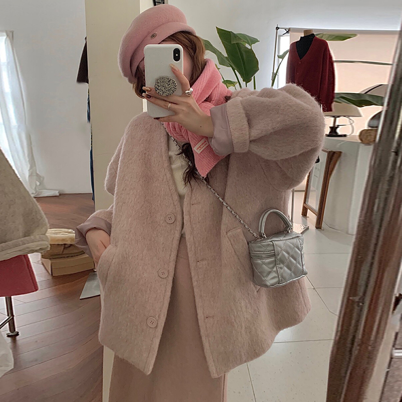 【Miko】粉色慵懒风大衣外套女秋冬2023新款高级感小个子香风短款