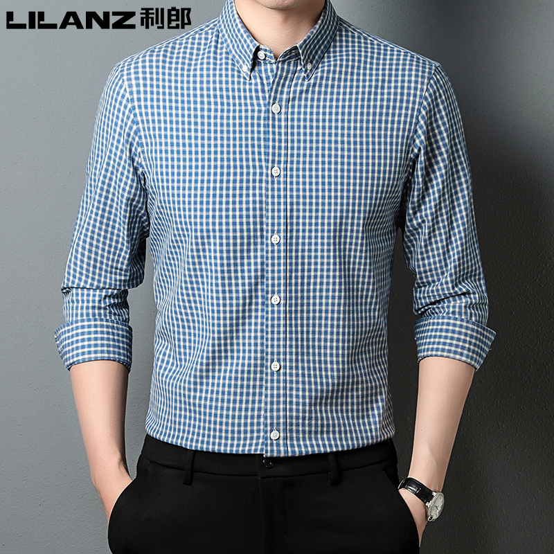 特价断码利郎男装纯棉格子衬衫男2023春秋季新款高端免烫男士休闲
