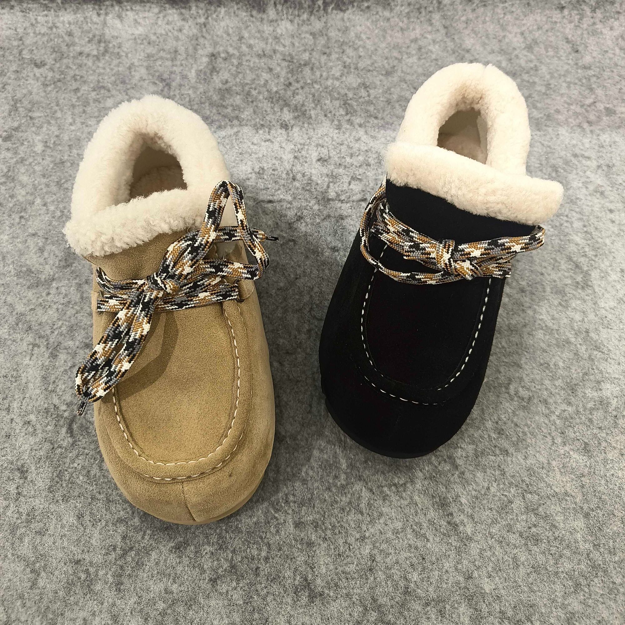 品牌女鞋2024年冬季新款复古厚底羊毛真皮休闲鞋内增高保暖棉鞋潮