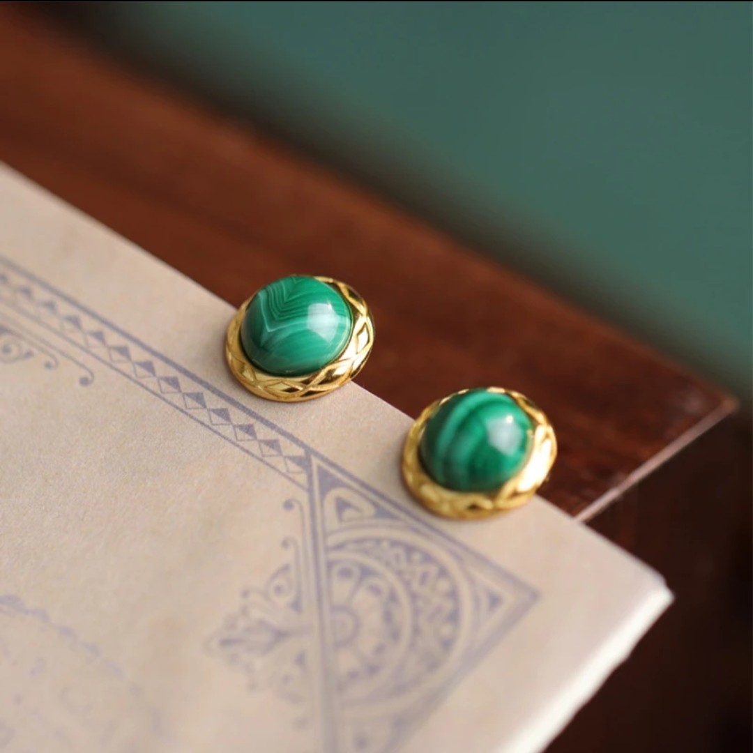 天然孔雀石 2025 新款 925 银镀金镶嵌 简单大气时尚女款耳钉