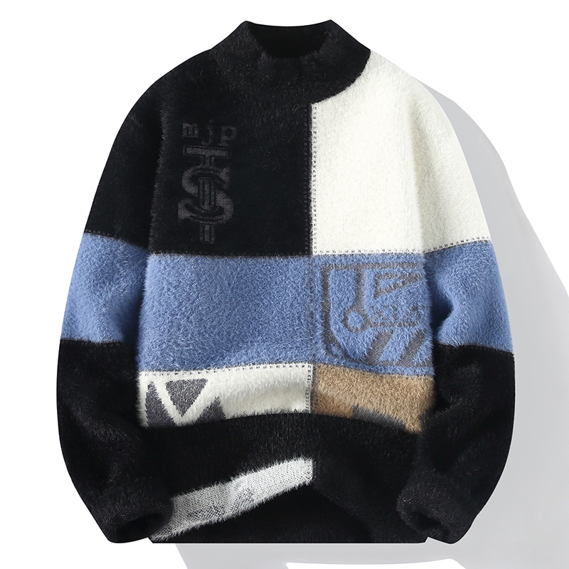 潮牌毛衣男士秋冬季新款加绒加厚半高领仿貂绒针织打底衫保暖毛衫