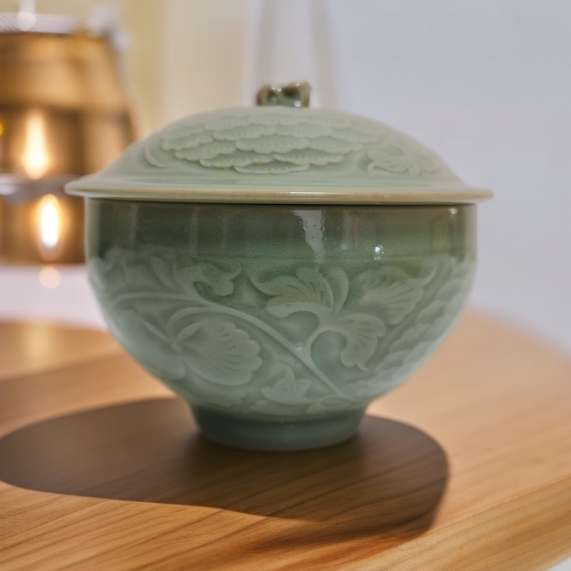 耀州窑手工青瓷浮雕牡丹盖罐茶叶糖果罐茶叶罐茶具全手工中式复古