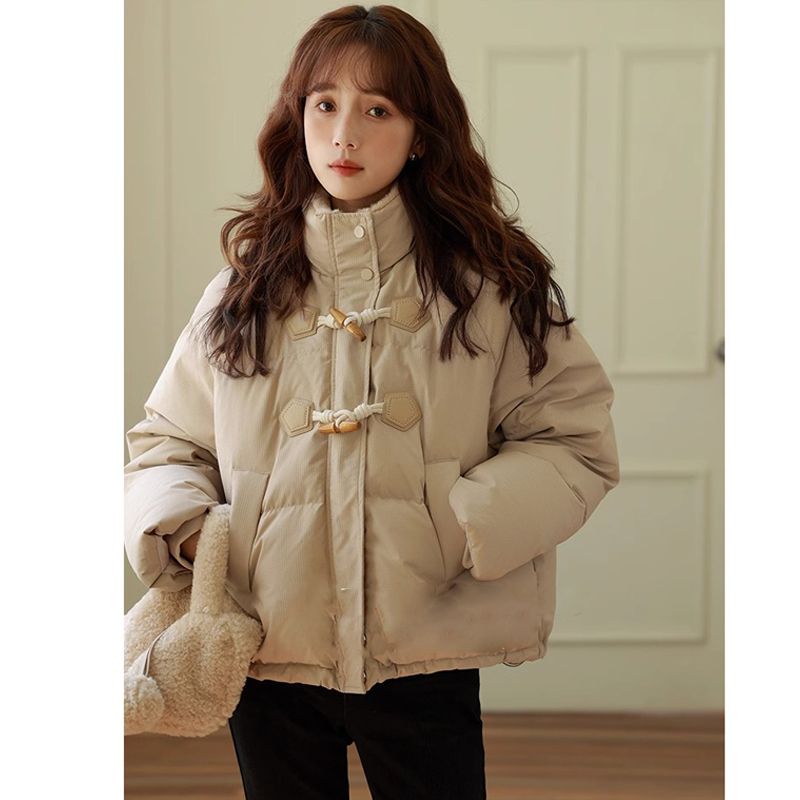 反季清仓2023新款韩版牛角扣棉服女短款立领加厚棉袄冬季外套