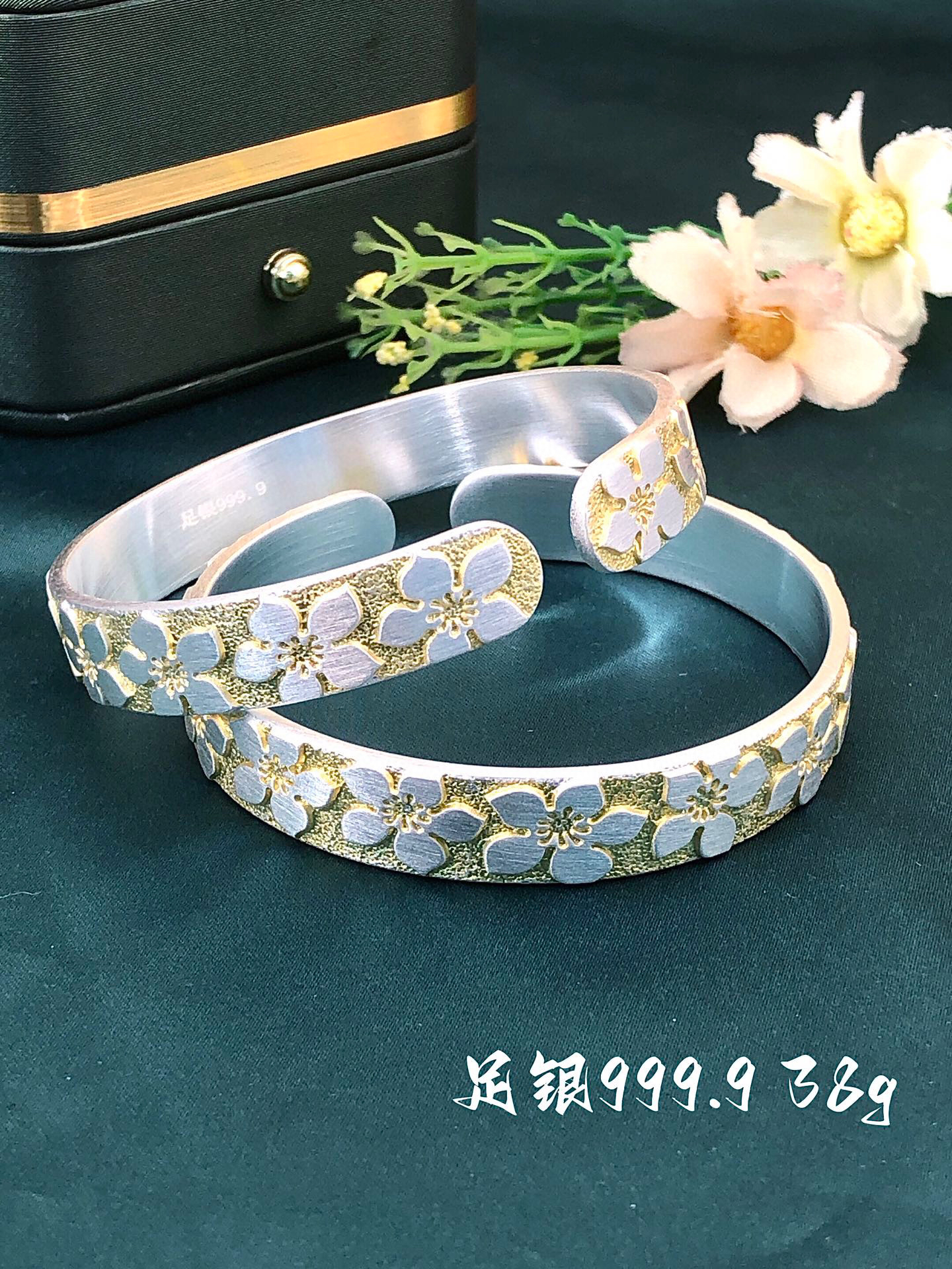 足银手镯 银大福9999足银开口珐琅彩色手镯梅花拉丝哑光古法纯银