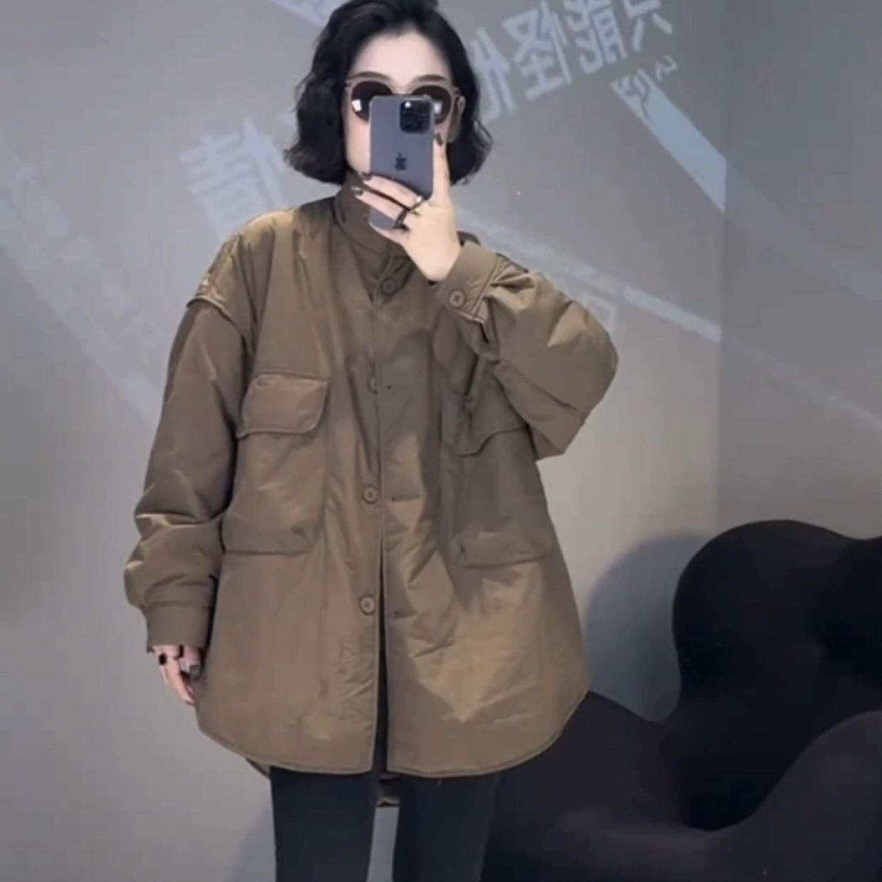 韩版时尚宽松工装大口袋简约中长棉衣外套女2023秋冬新款休闲棉服