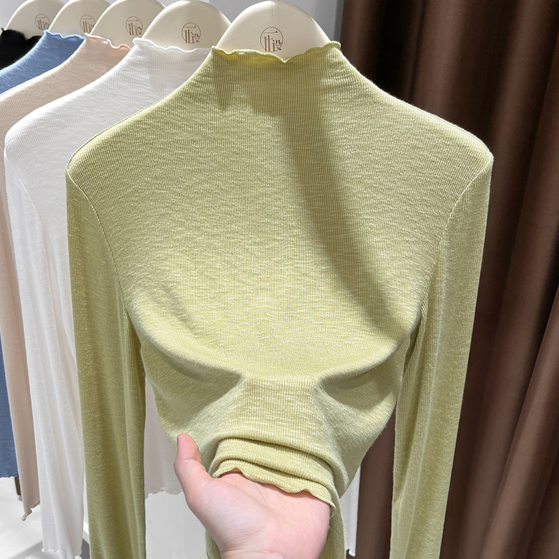 黄绿色针织薄款打底衫女2025秋季软糯木耳边长袖内搭半高领小衫