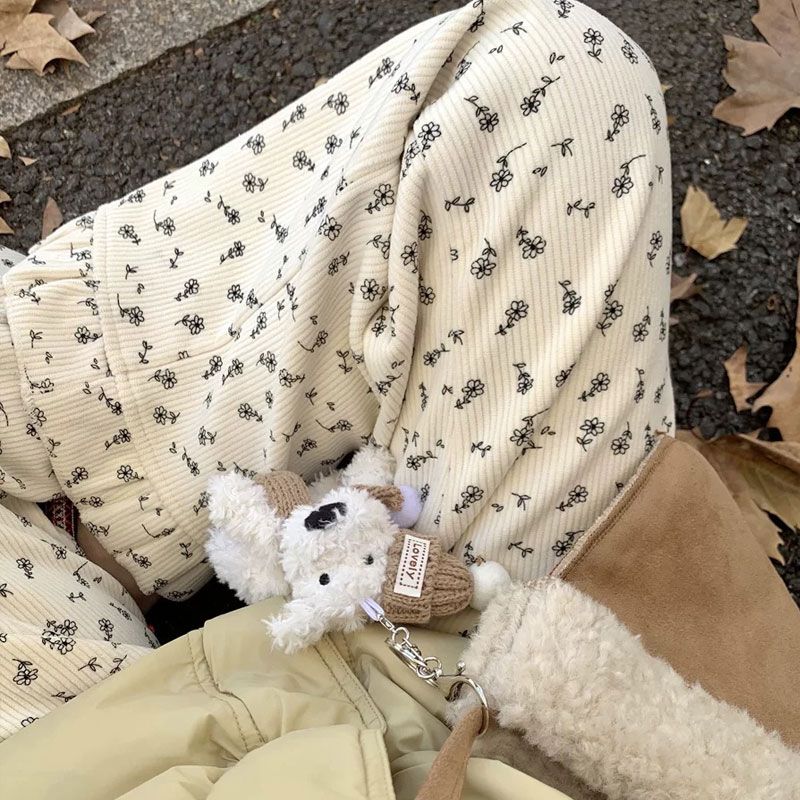 ins网红韩系复古清新灯芯绒碎花直筒裤花边甜美加绒宽松休闲裤