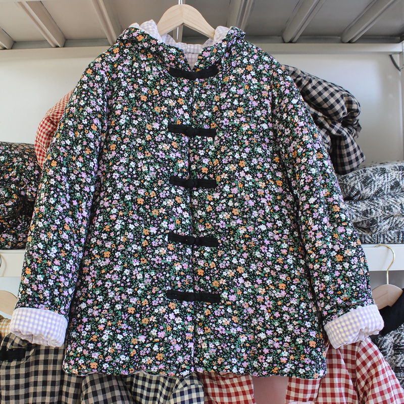 2024升级版 新款成人碎花棉袄新中式国风盘扣纯棉花衣带帽棉服